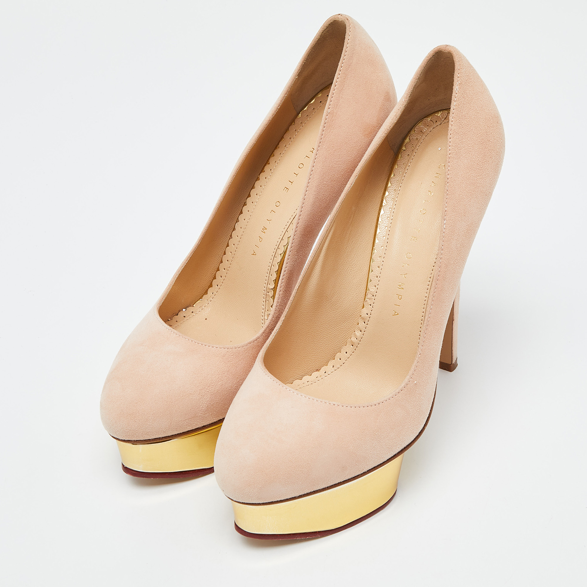Charlotte Olympia Beige Leather Dolly Platform Pumps Size 37 