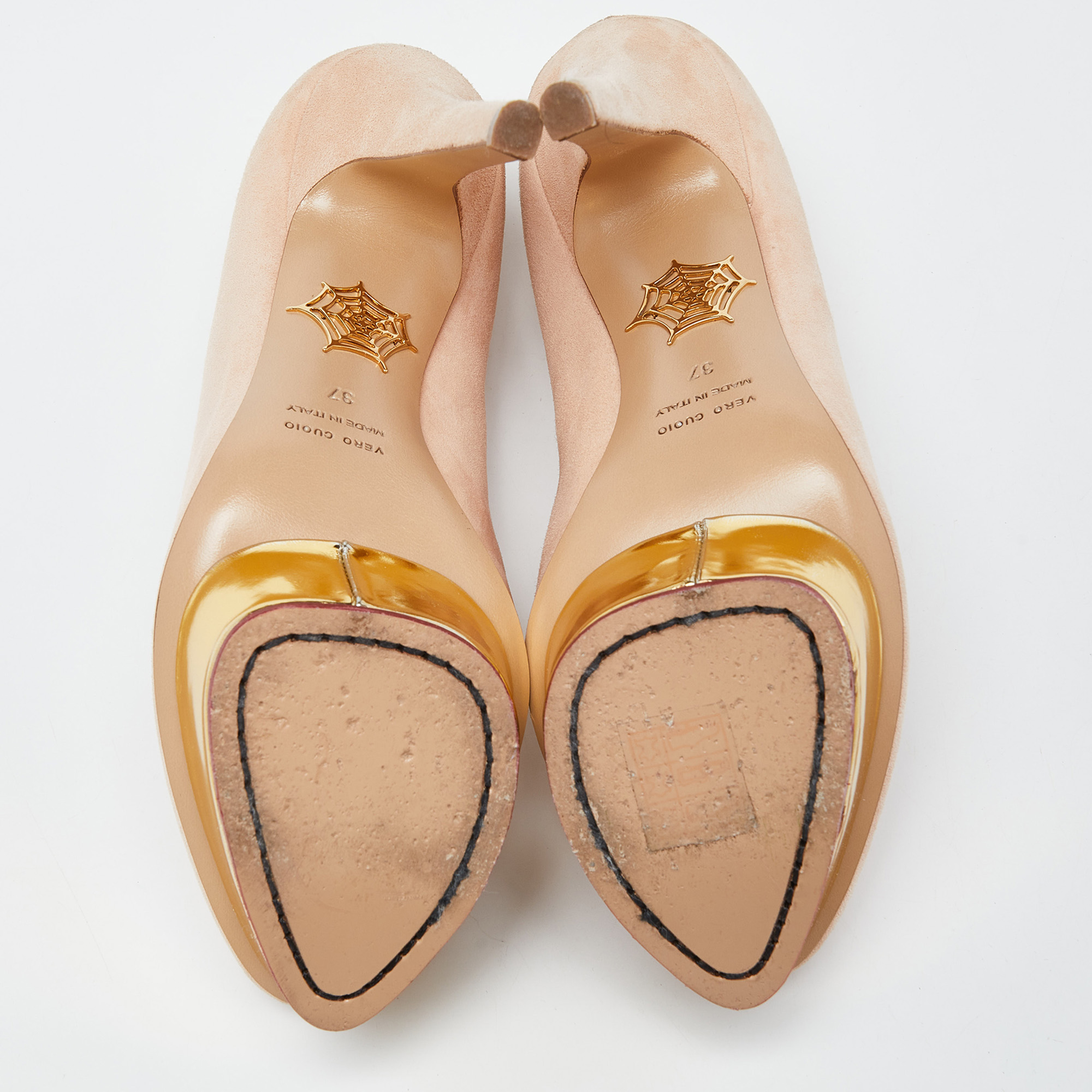 Charlotte Olympia Beige Leather Dolly Platform Pumps Size 37 