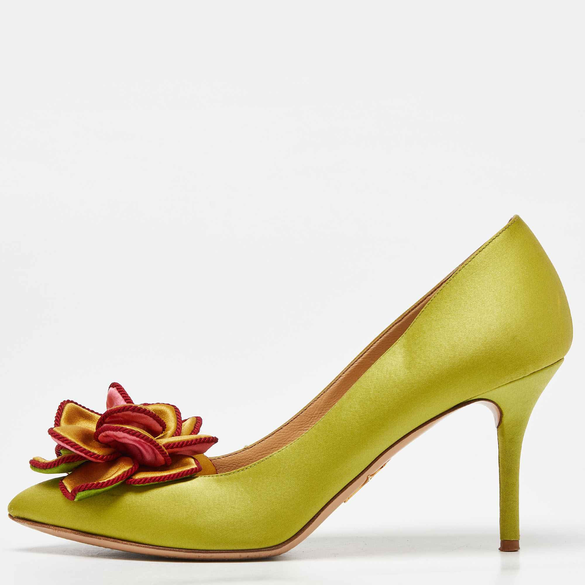 Pre-owned Charlotte Olympia Green Satin Flower Detail Pointed Toe Pumps Size 37