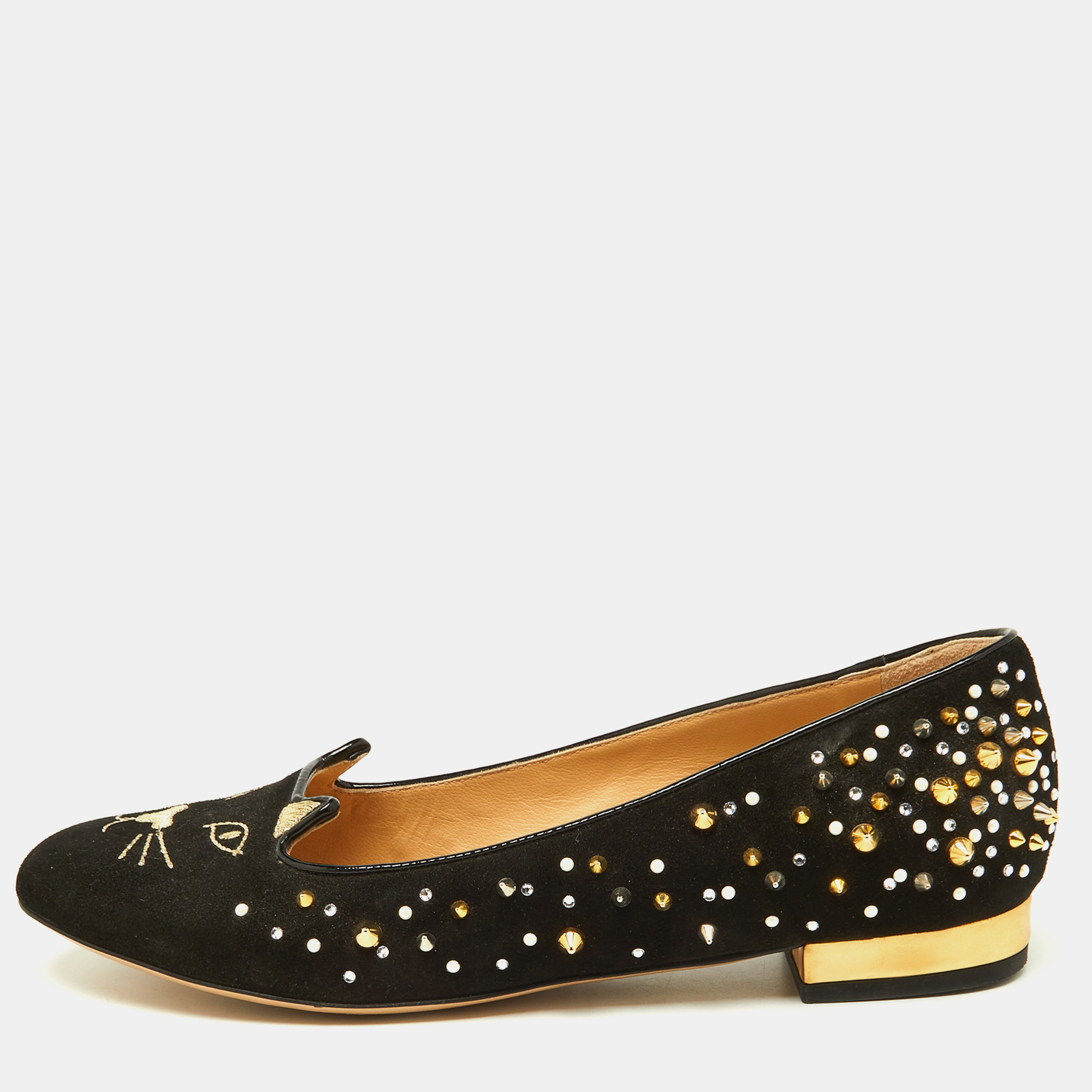 

Charlotte Olympia Black Suede Kitty Spikes Ballet Flats Size