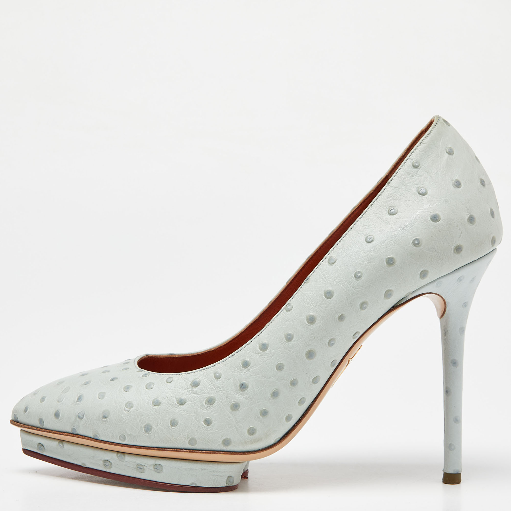 

Charlotte Olympia Light Blue Ostrich Embossed Leather Dolly Pointed Toe Pumps Size, Grey