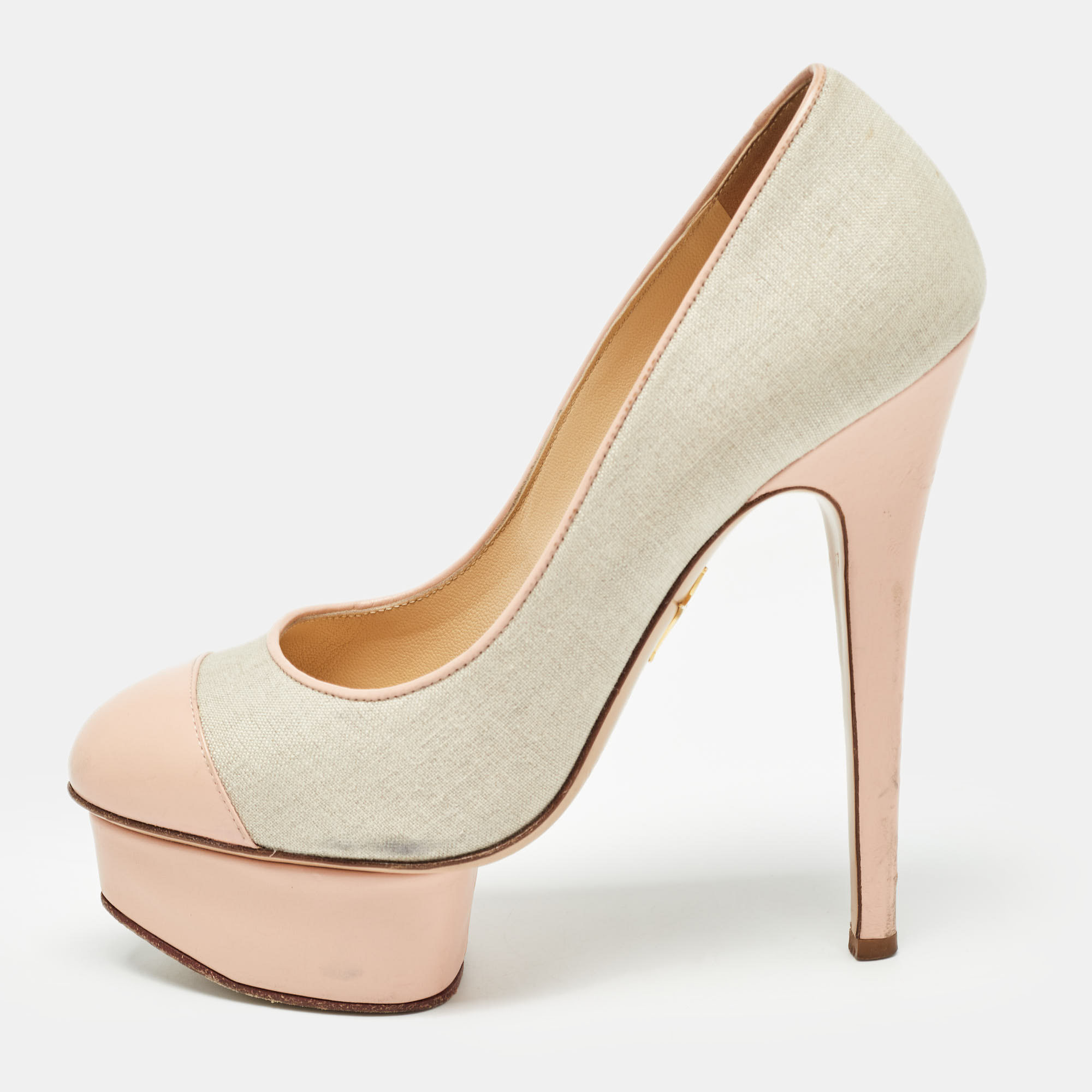 

Charlotte Olympia Pink/Grey Canvas and Leather Dolly Pumps Size