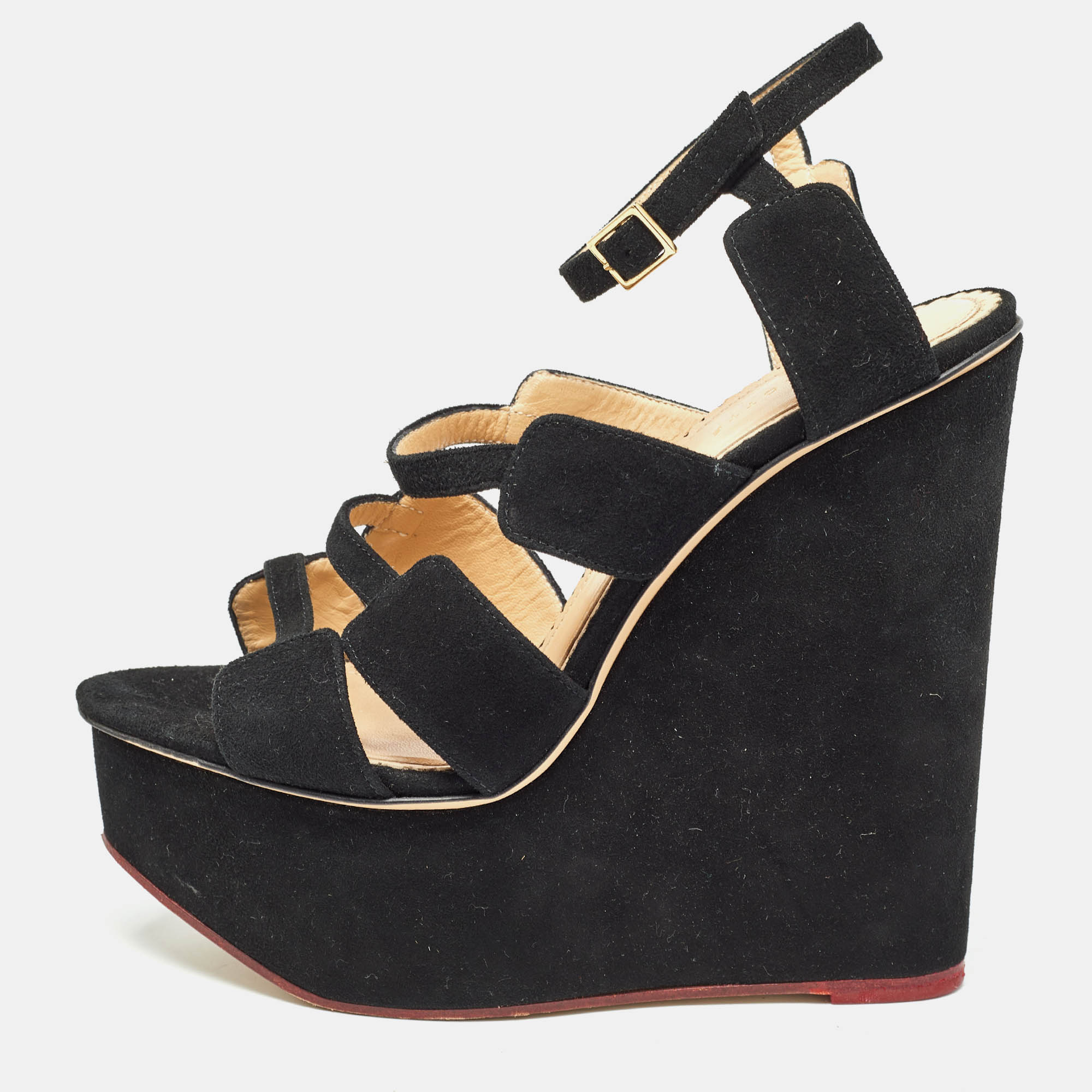 

Charlotte Olympia Black Suede Platform Wedge Strappy Sandals Size