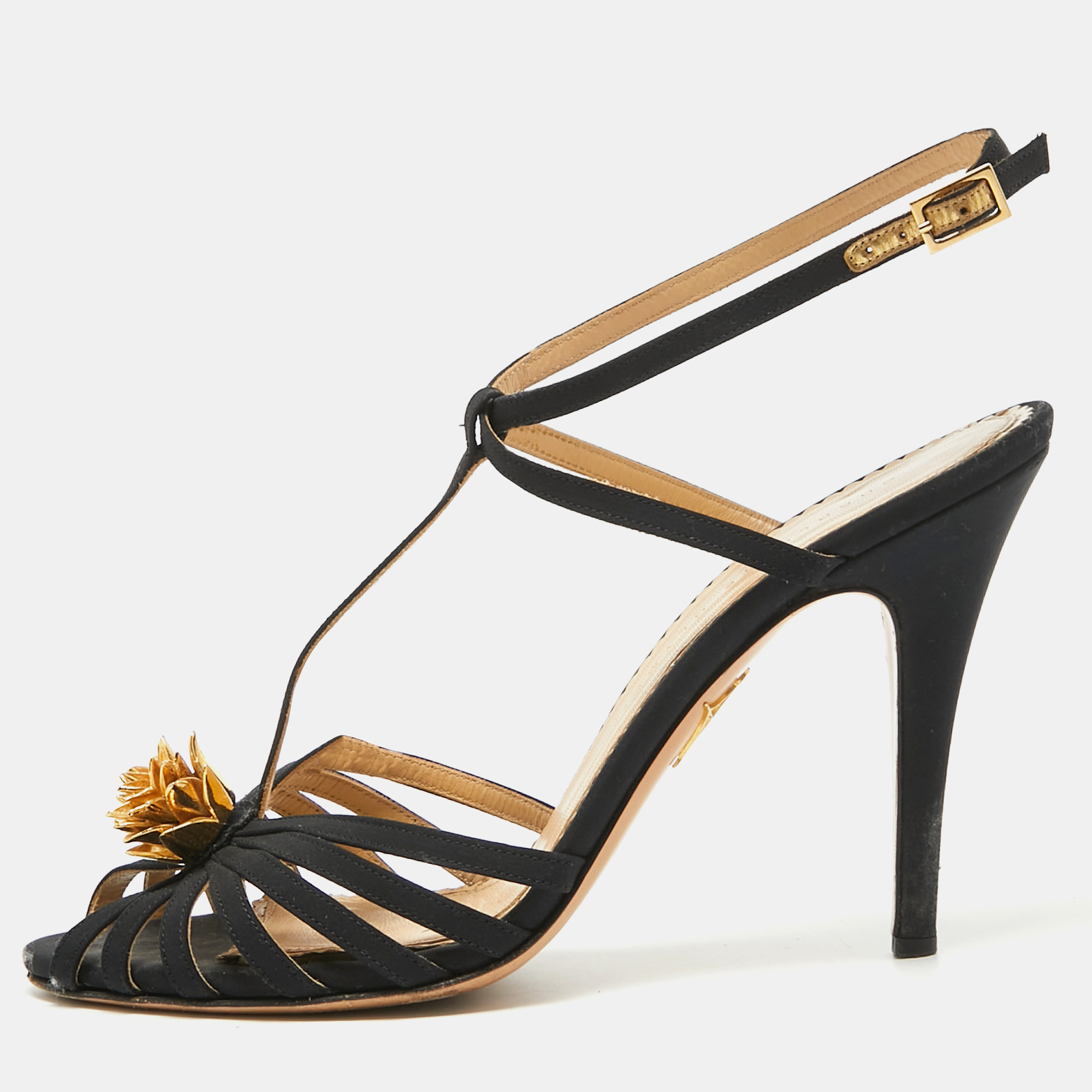 

Charlotte Olympia Black Satin Flower Detail Ankle Strap Sandals Size