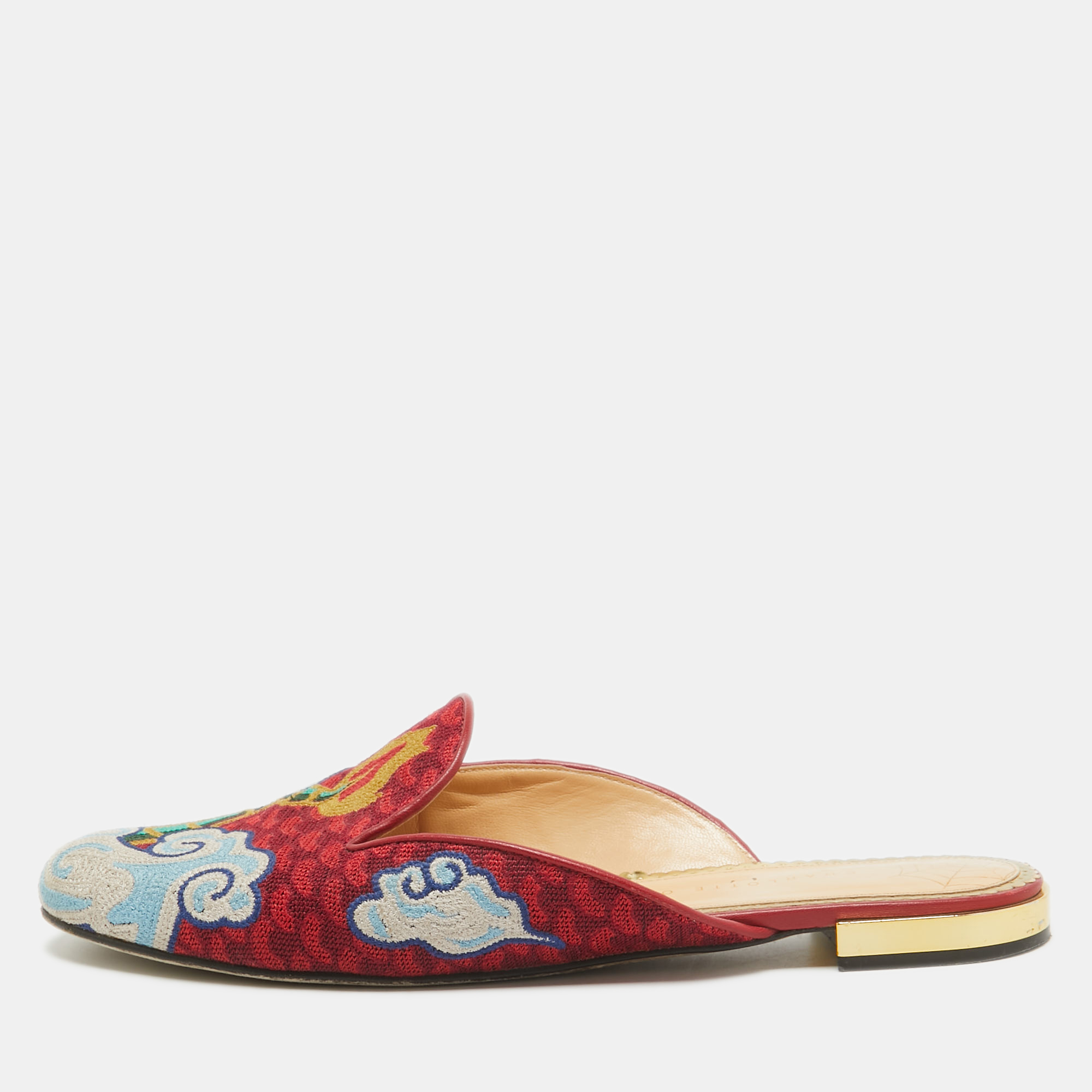 

Charlotte Olympia Multicolor Embroidered Canvas Flat Mules Size