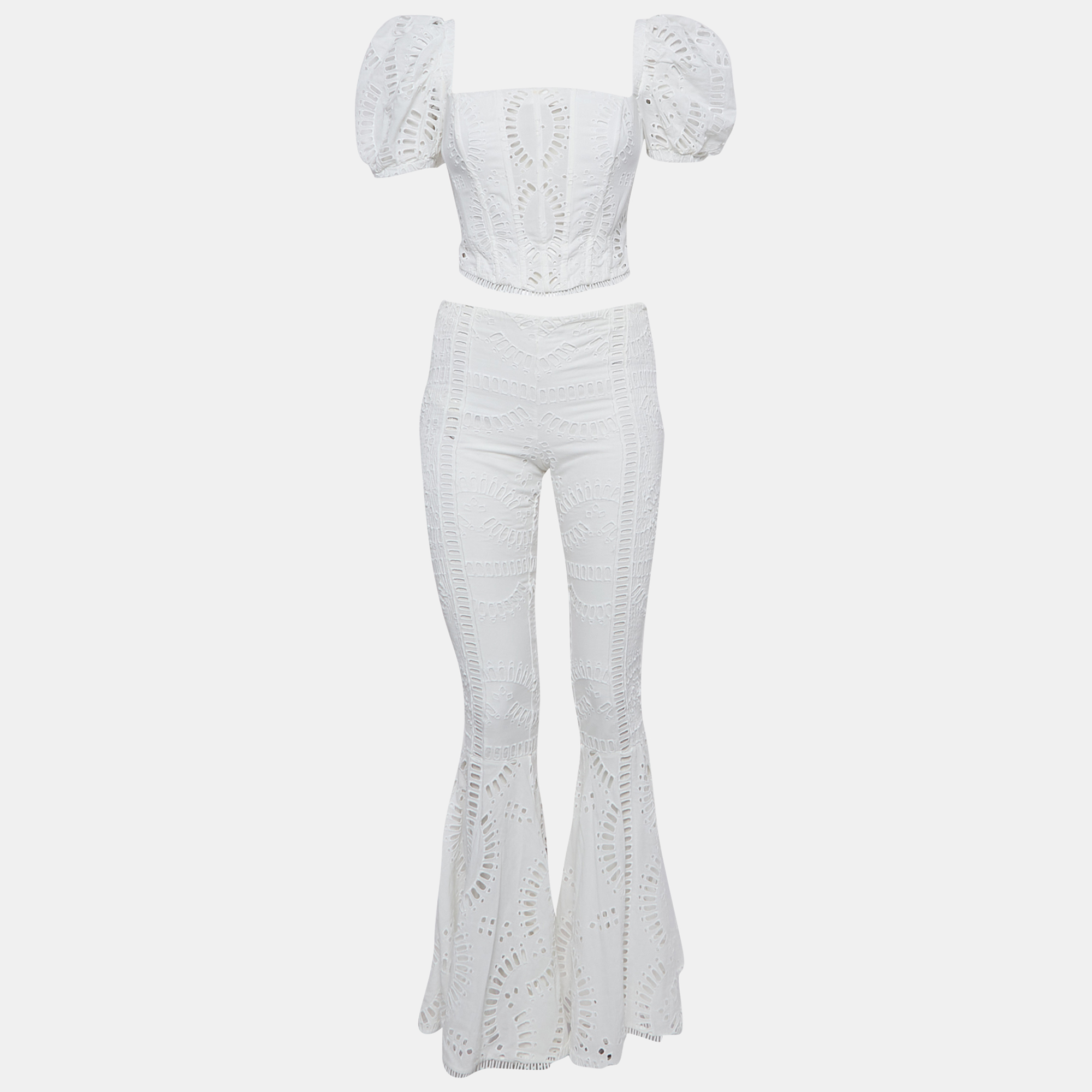 

Charo Ruiz White Broderie Anglaise Cotton Top and Flared Pants Set