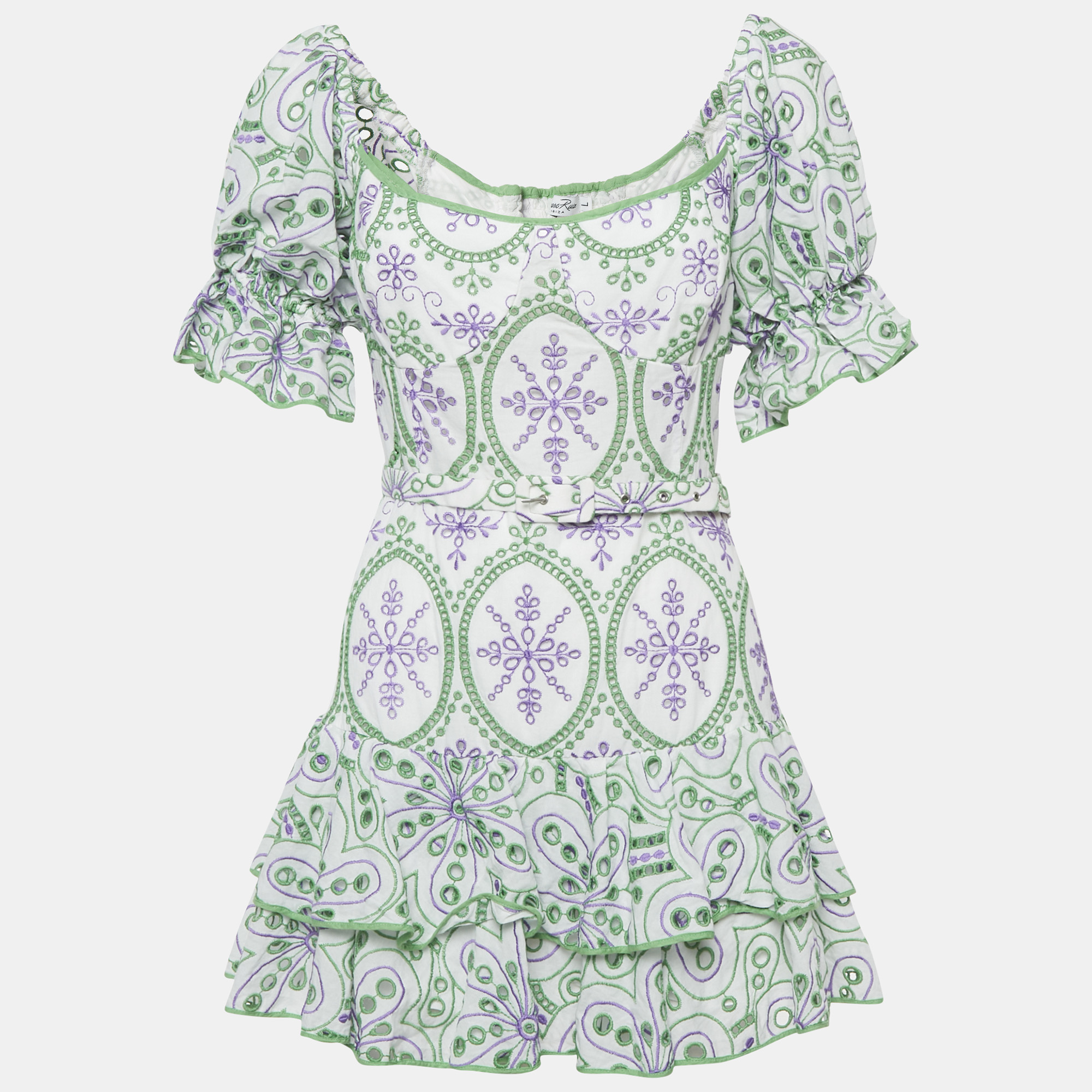 

Charo Ruiz White/Green Broderie Anglaise Cotton Tiered Mini Dress L