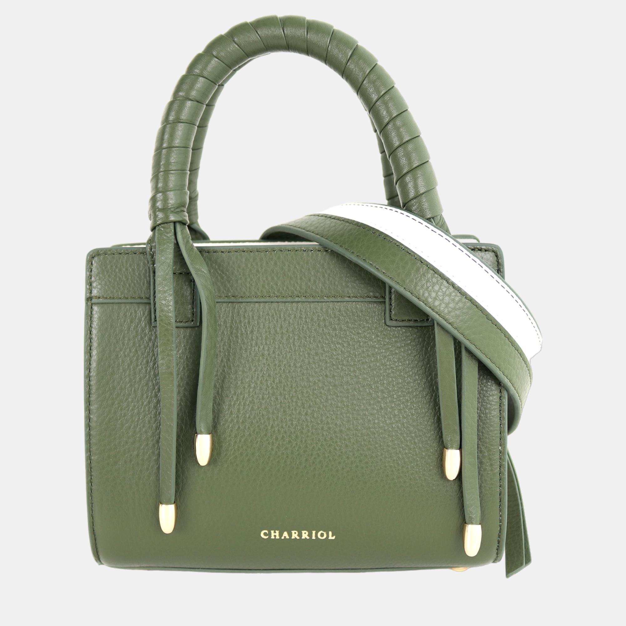 Pre-owned Charriol Military Green/off White Leather Forever Handbag