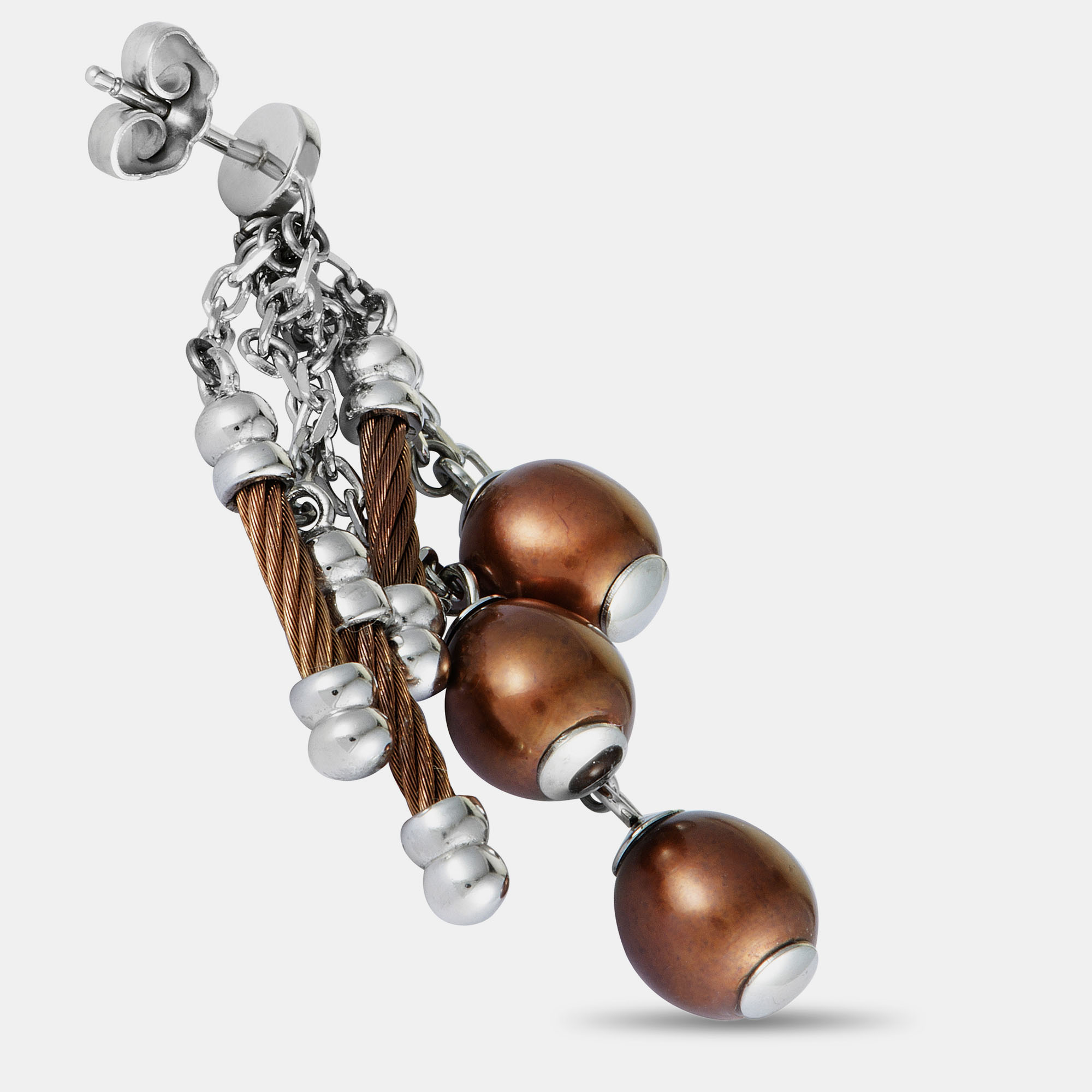 

Charriol Pearl Stainless Steel and Bronze PVD Brown Pearls Dangle Push Back Earrings