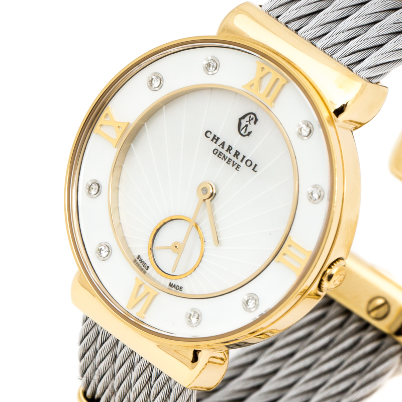 

Charriol Mother of Pearl Yellow Gold Tone And Stainless Steel Diamonds ST-Tropez ST30.1 Women's Wristwatch, Silver