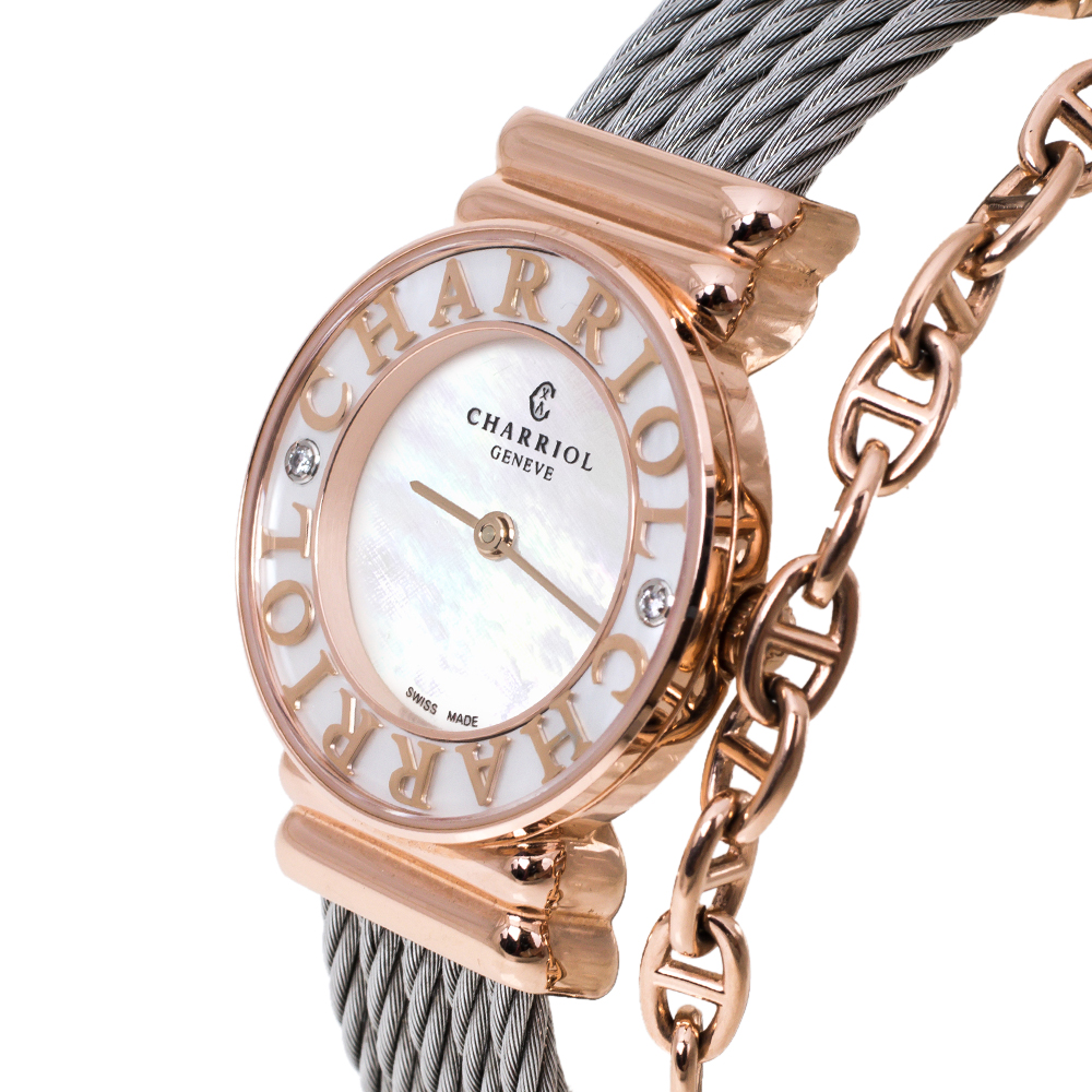 

Charriol White Mother of Pearl Stainless Steel Diamonds Rose Gold Plated St-Tropez ST028.3 Women's Wristwatch