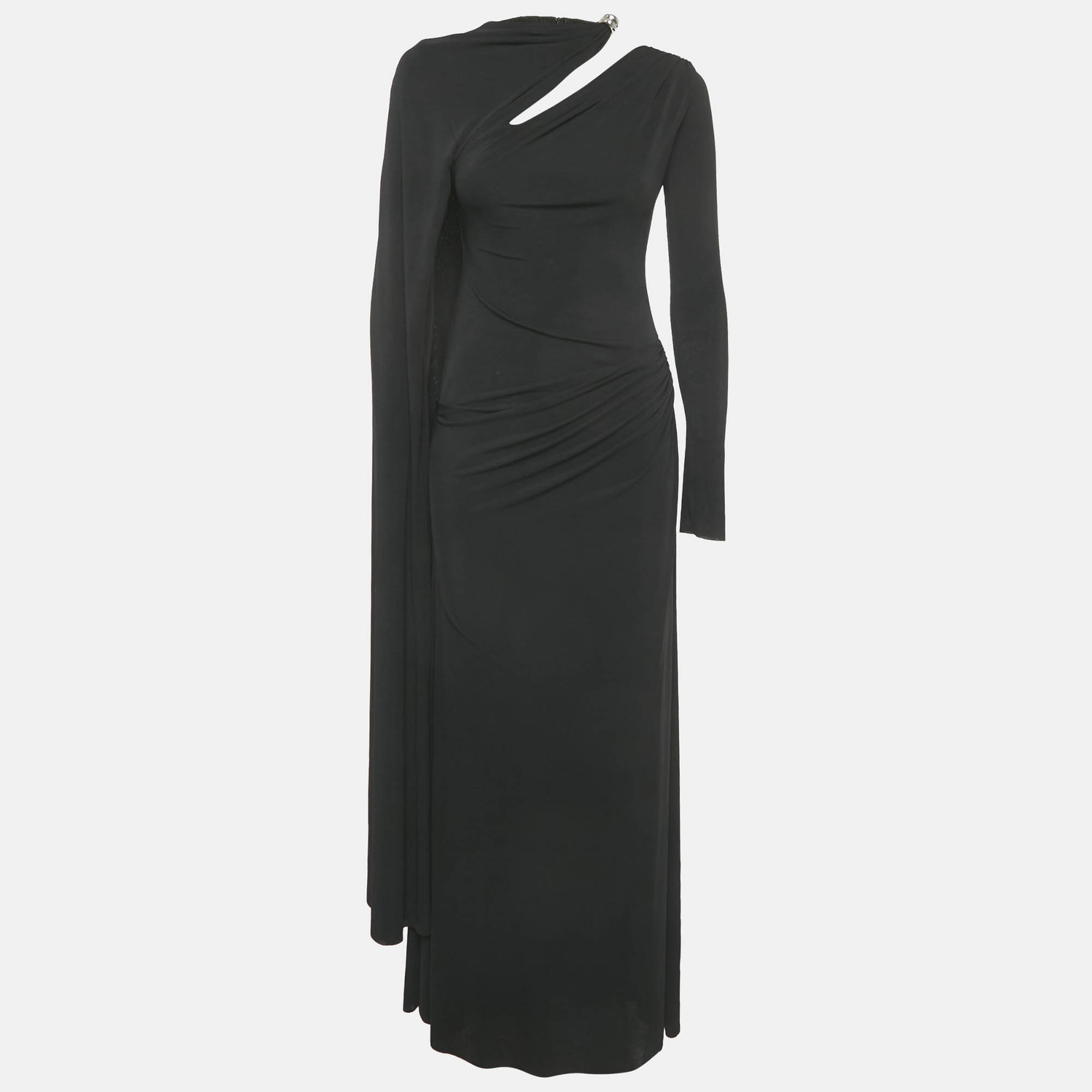 Pre-owned Chats By C.dam Black Jersey Asymmetric Draped Gown S