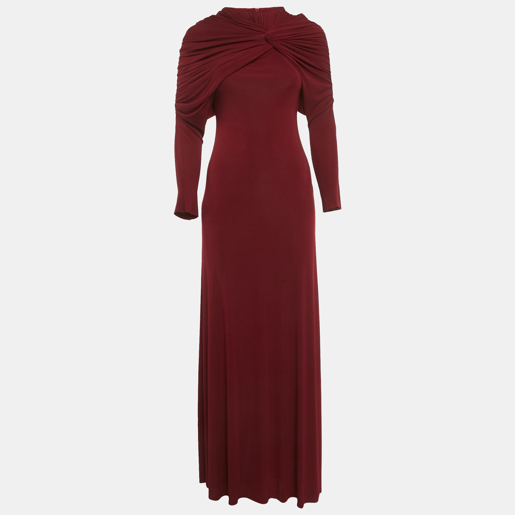 Pre-owned Chats By C.dam Dark Red Lycra Raw Edge Detail Ruched Maxi Dress S