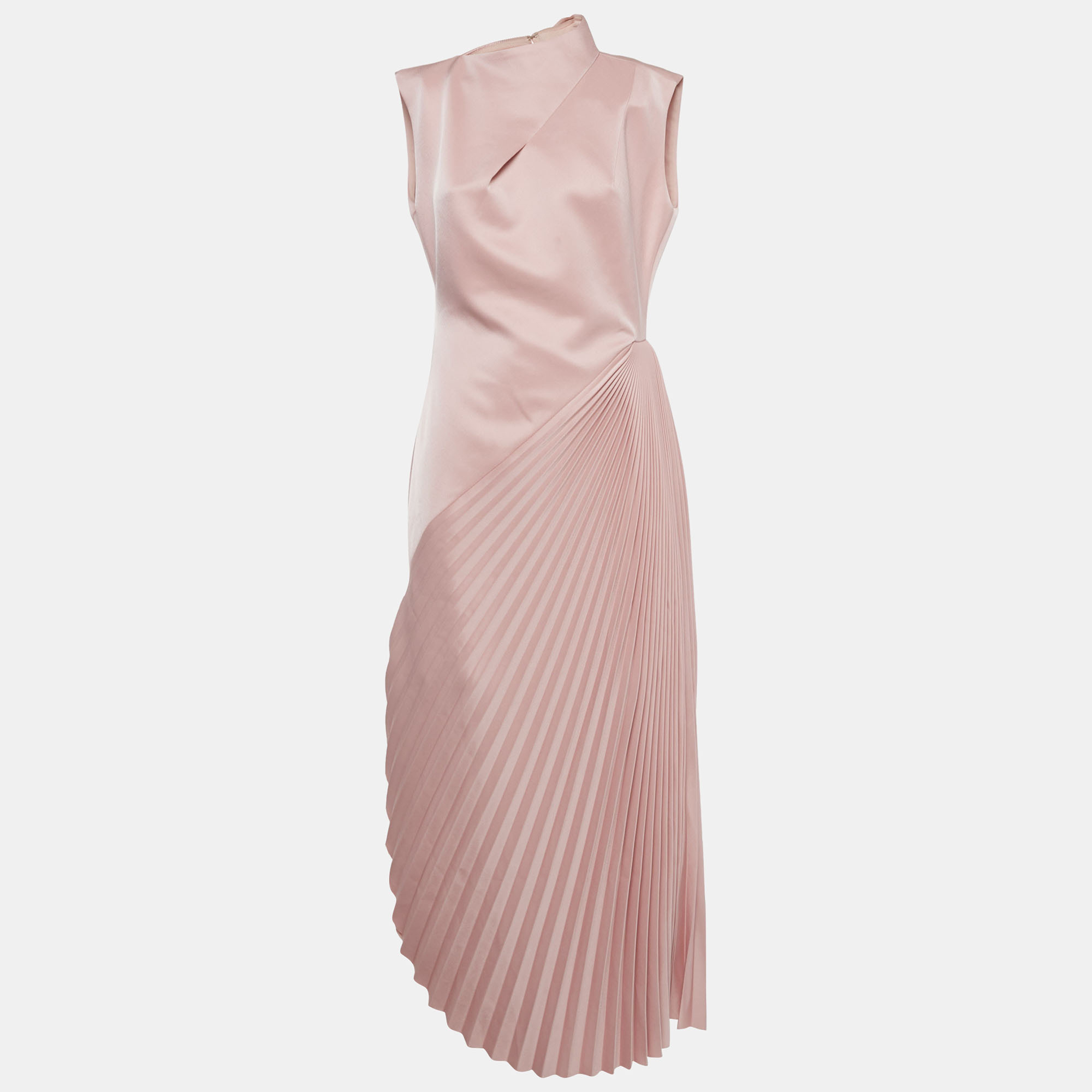 CHATS BY C.DAM Pre-owned Pink Plisse Asymmetrical Pleated Midi Dress M