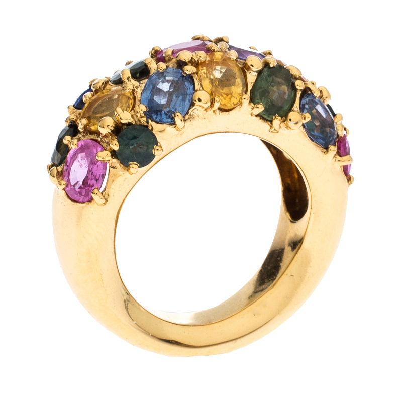 Chaumet Multicolor Sapphire 18k Yellow Gold Cocktail Band Ring Size 53