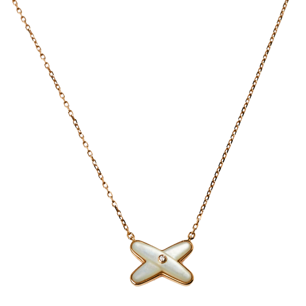 Pre-owned Chaumet Jeux De Liens Mother Of Pearl Diamond 18k Rose Gold Necklace