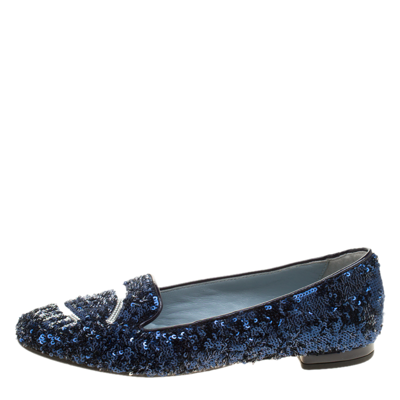 

Chiara Ferragni Metallic Blue Sequins Flirting Smoking Slippers Size