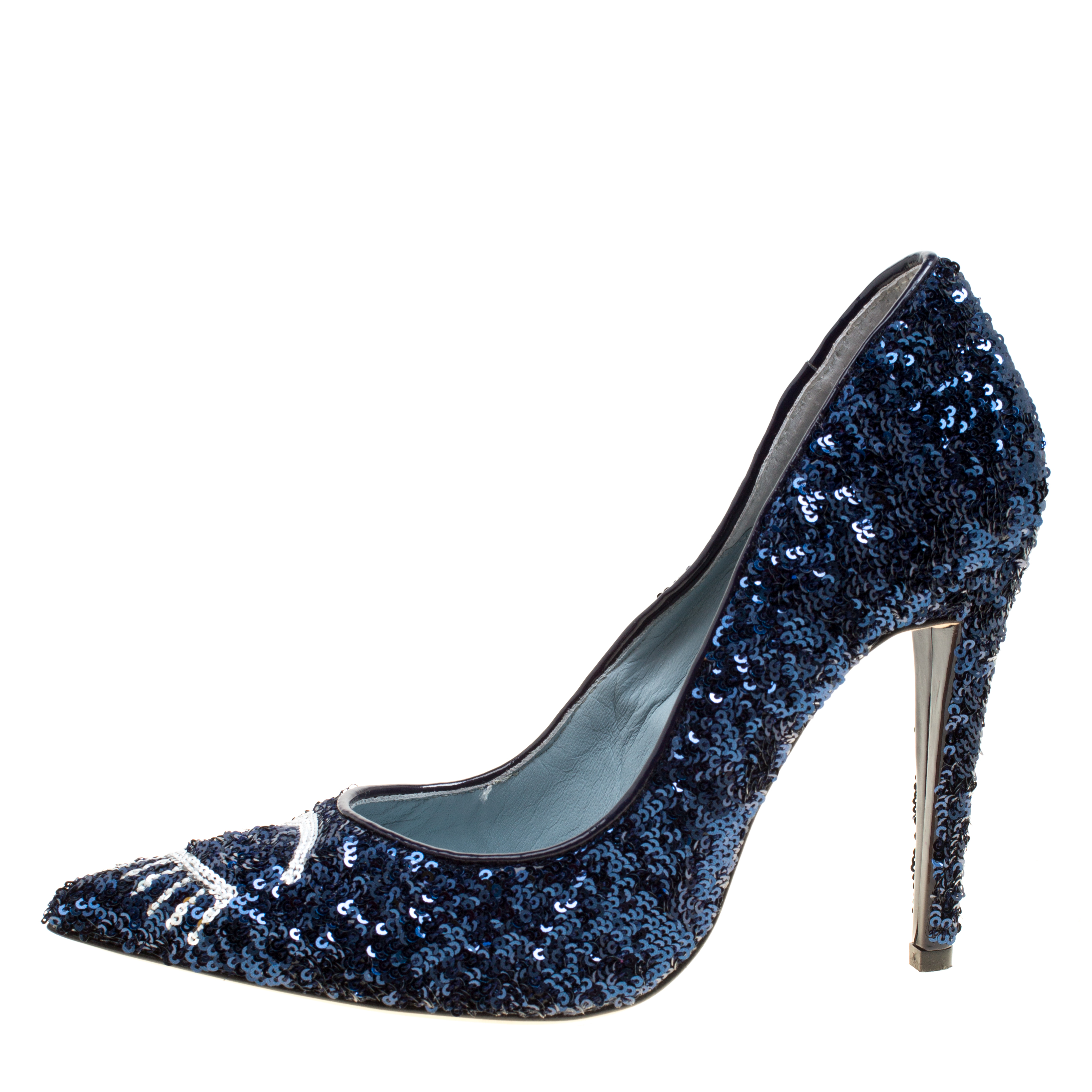 

Chiara Ferragni Metallic Blue Sequins Flirting Pointed Toe Pumps Size