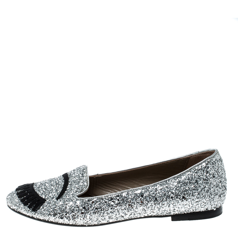 

Chiara Ferragni Metallic Silver Coarse Glitter Flirting Smoking Slippers Size
