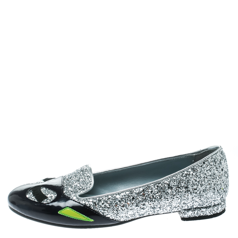 

Chiara Ferragni Metallic Silver Glitter/Patent Leather Cat Women Smoking Slippers Size, Multicolor