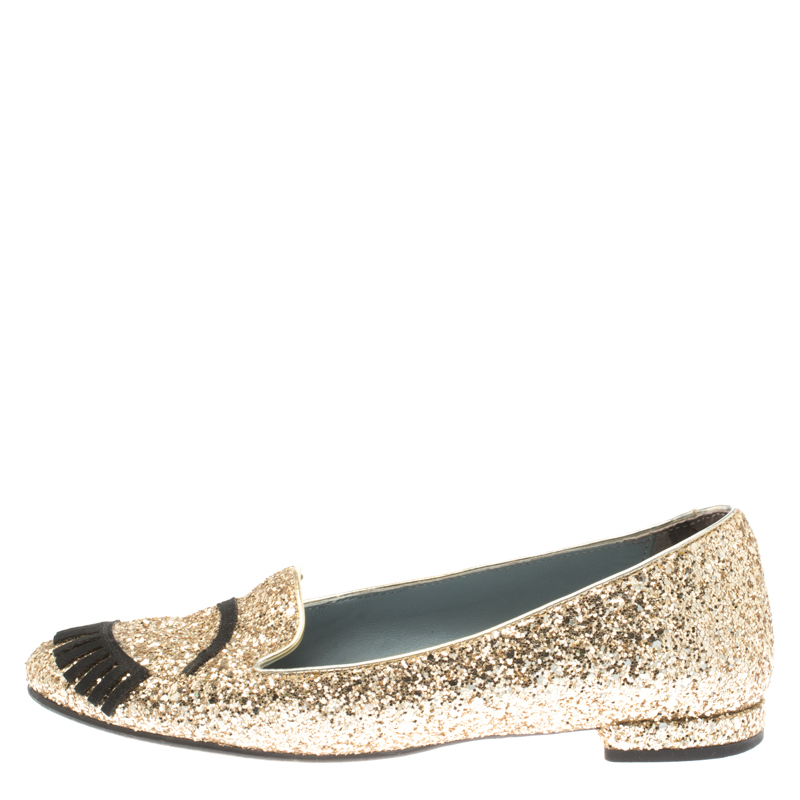 

Chiara Ferragni Metallic Gold Coarse Glitter Flirting Smoking Slippers Size