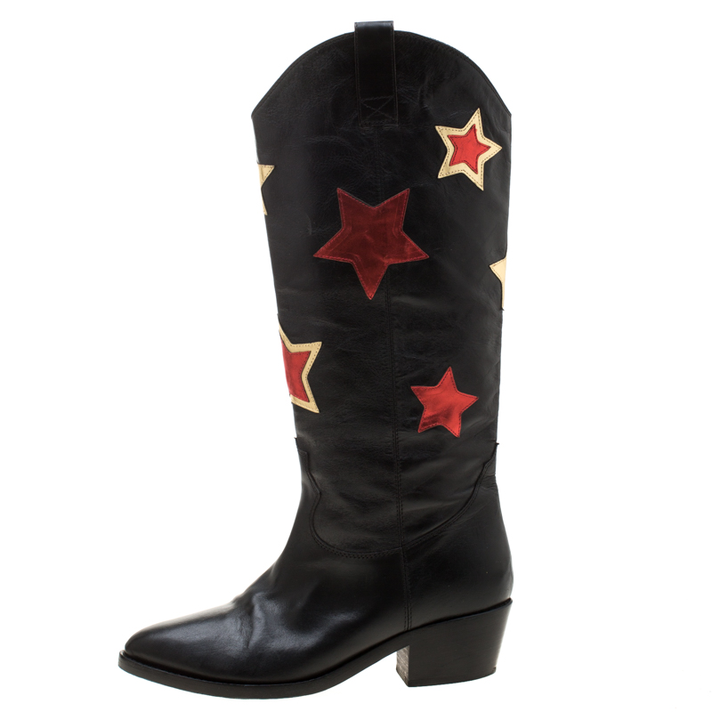

Chiara Ferragni Black Leather Star Cow Boy Boots Size