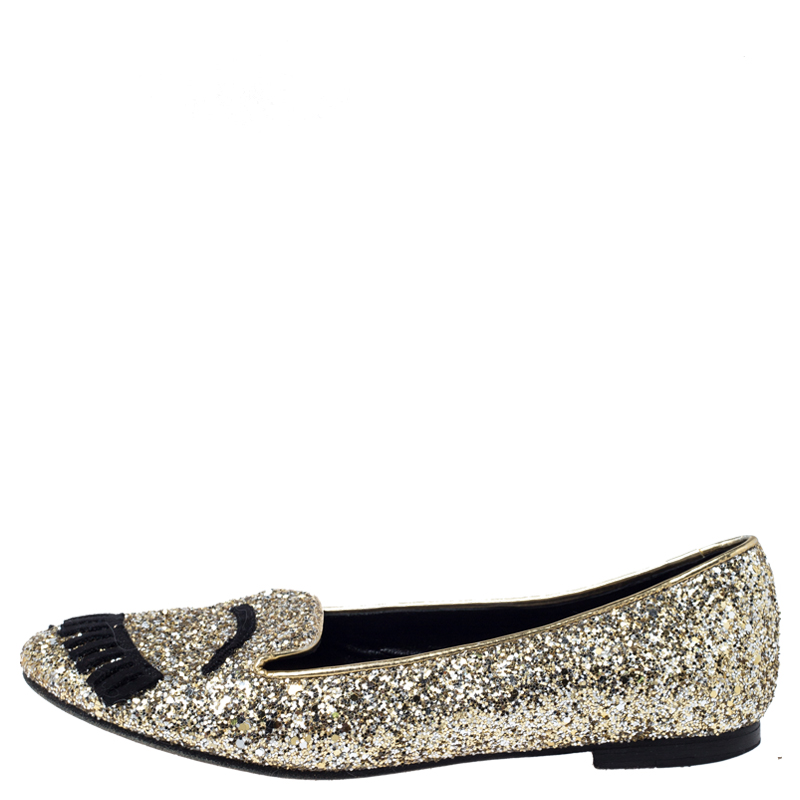 

Chiara Ferragni Metallic Gold Coarse Glitter Flirting Smoking Slippers Size