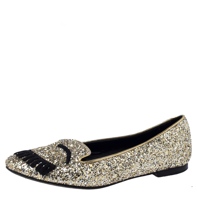 Chiara Ferragni Metallic Gold Coarse Glitter Flirting Smoking Slippers Size 37