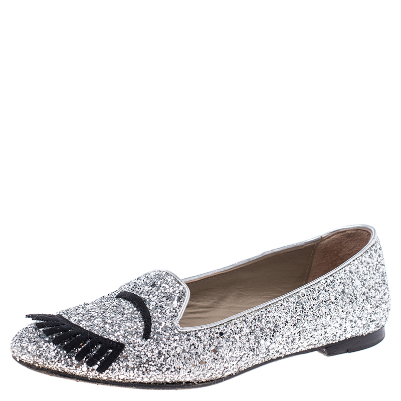 Pre Owned Chiara Ferragni Metallic Silver Coarse Glitter Fabric Flirting Smoking Slipper Flats Size 37