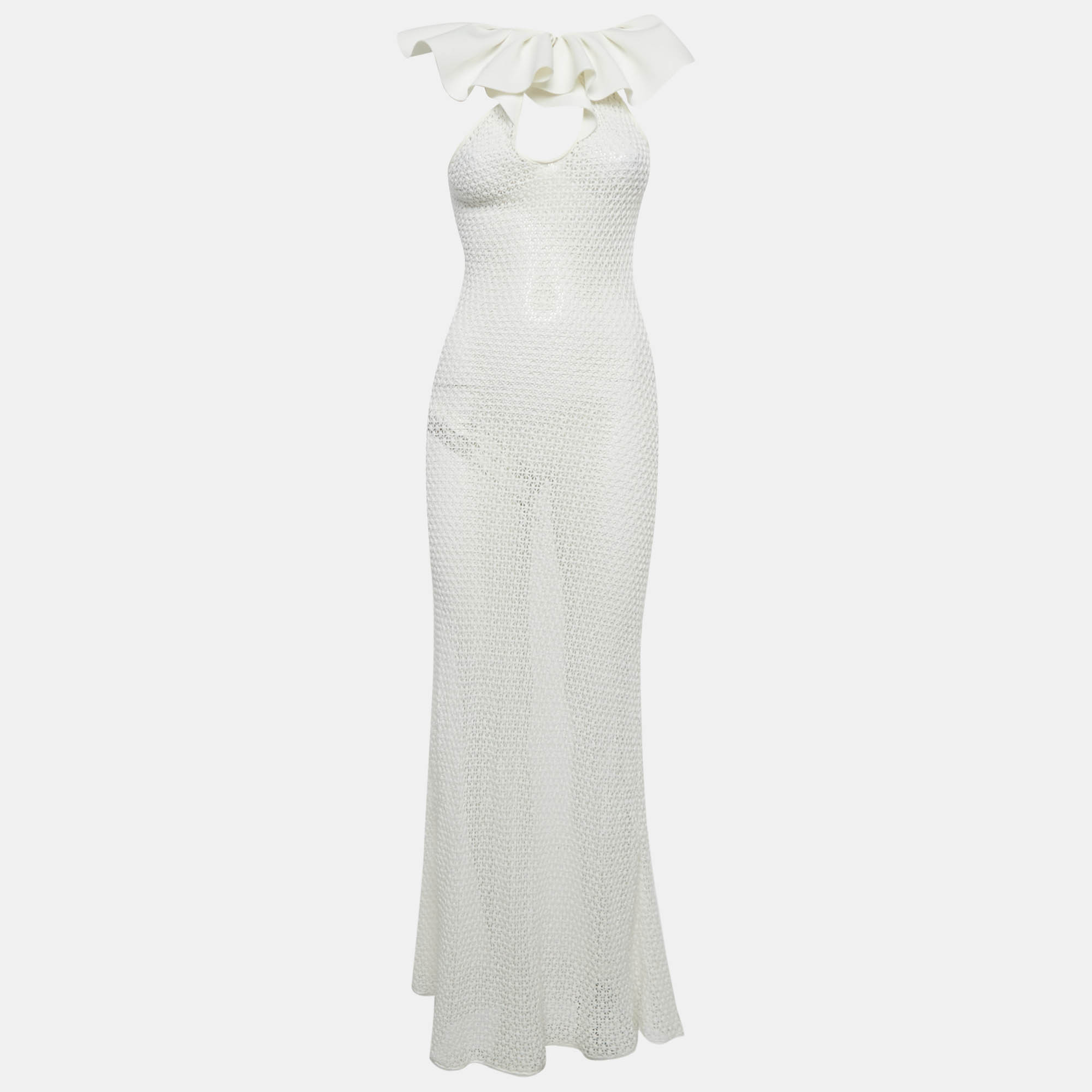 Pre-owned Chio White Stretch Crochet Ruffled Sheer Maxi Dress S