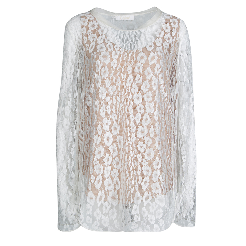 Chloe White Contrast Lined Long Sleeve Floral Lace Top L