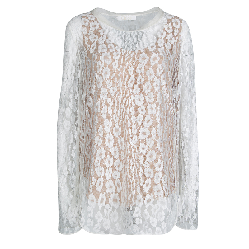 Pre Owned Chloe White Contrast Lined Long Sleeve Floral Lace Top L