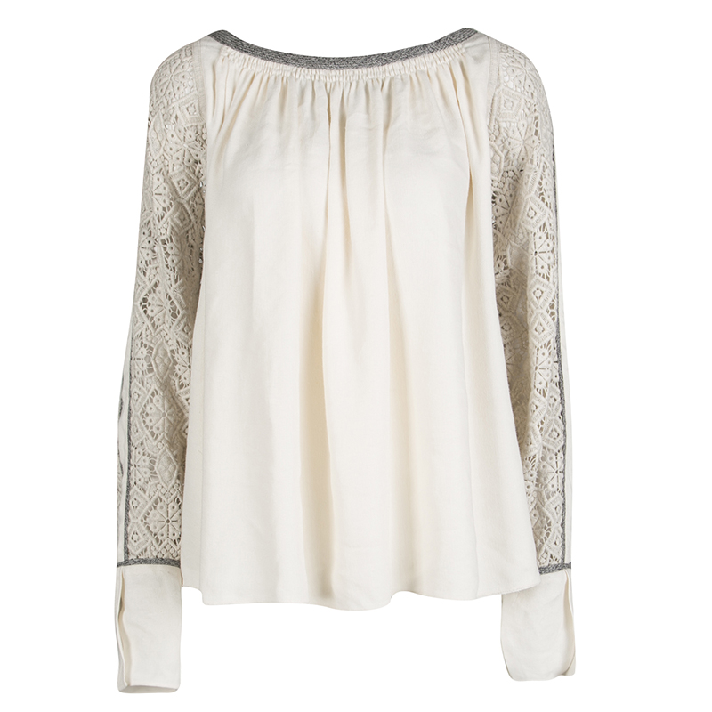 Pre Owned Chloe Cream Contrast Trim Guipure Lace Detail Long Sleeve Blouse M