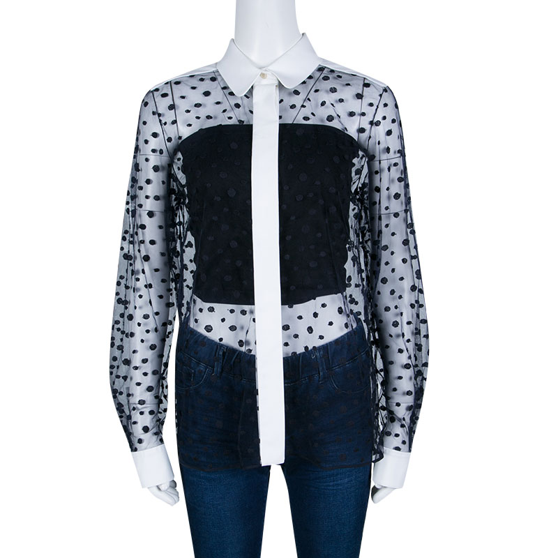 

Chloe Navy Blue and White Dot Embroidered Tulle Sheer Shirt