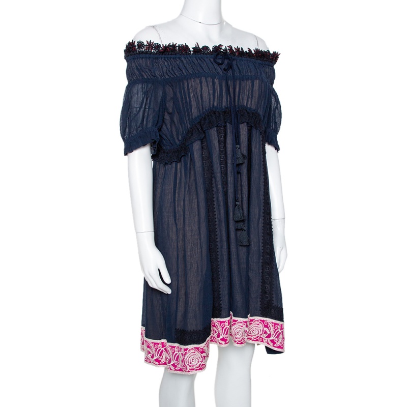 

Chloe Navy Blue Embroidered Ruffle Crinkled Chiffon Off Shoulder Dress