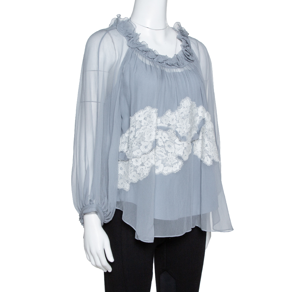 

Chloe Grey Silk Crepon Lace Appliqued Ruffled Blouse