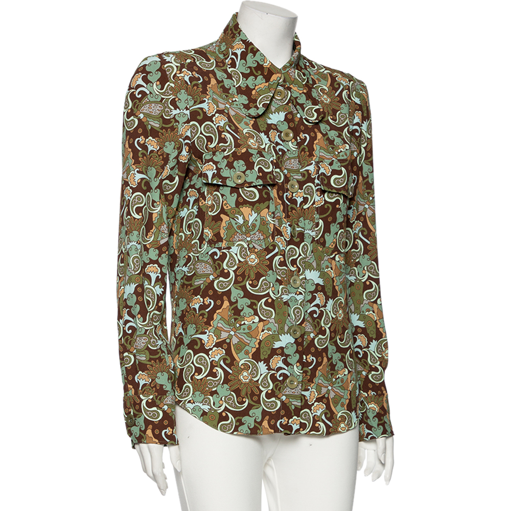 

Chloe Brown Retro Printed Crepe Oversized Collar Detailed Shirt