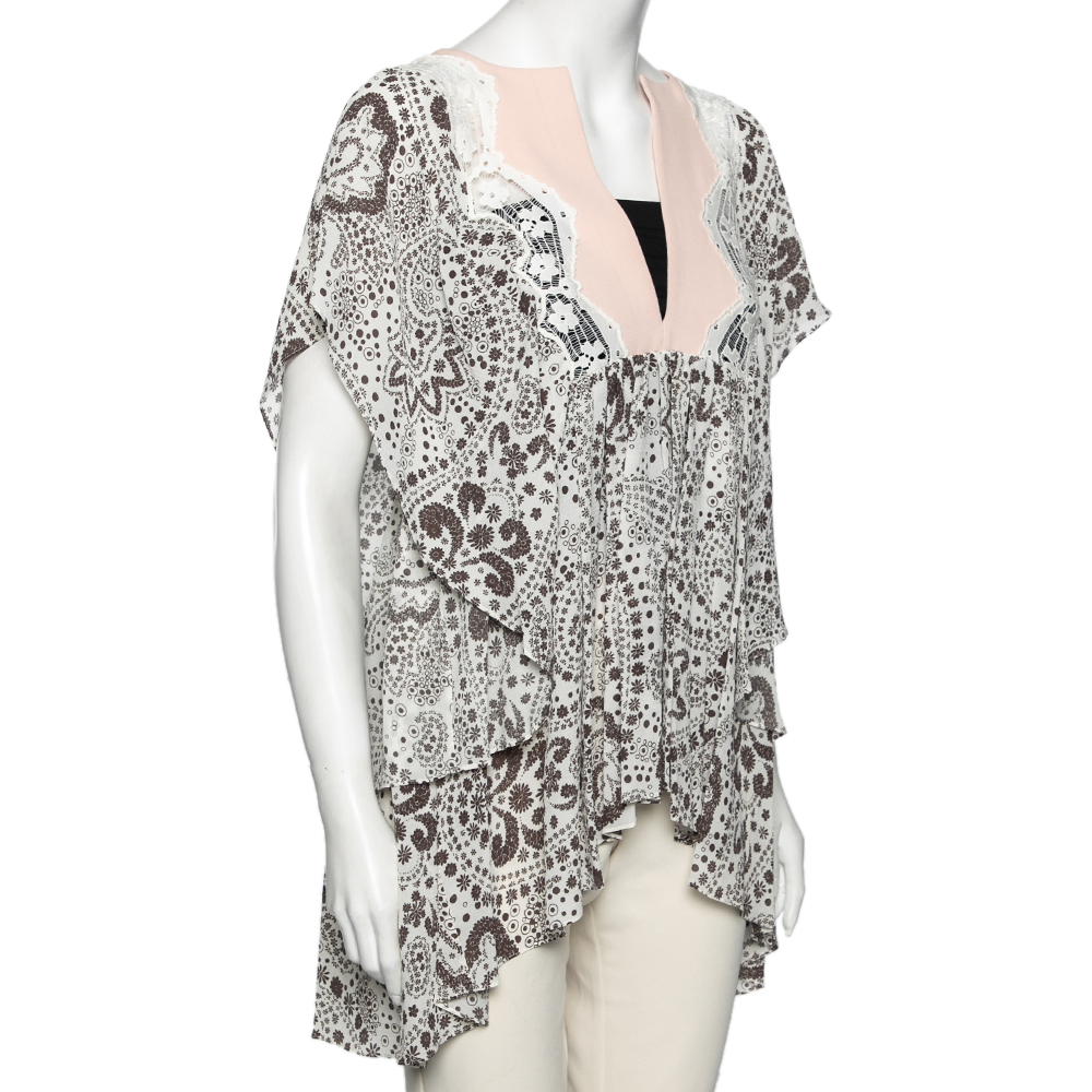 

Chloe Off-White Printed Silk Lace Insert Ruffled Kaftan Top