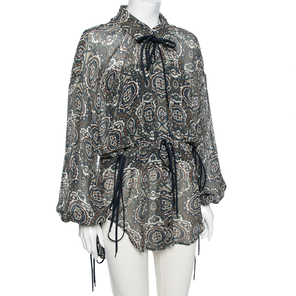 

Chloe Multicolor Printed Silk Chiffon Drawstring Detail Long Sleeve Sheer Blouse