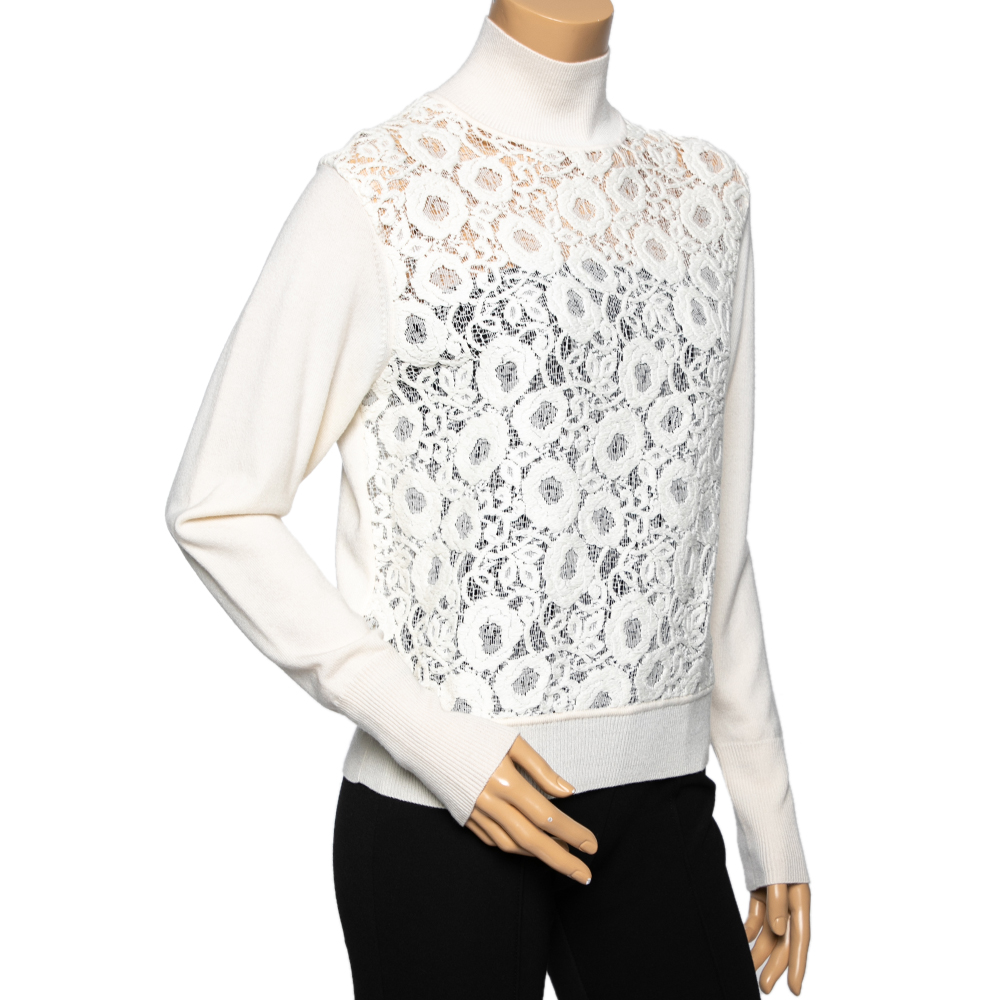 

Chloe Beige Cotton Lace Detailed Turtle Neck Long Sleeve Sweater, Cream