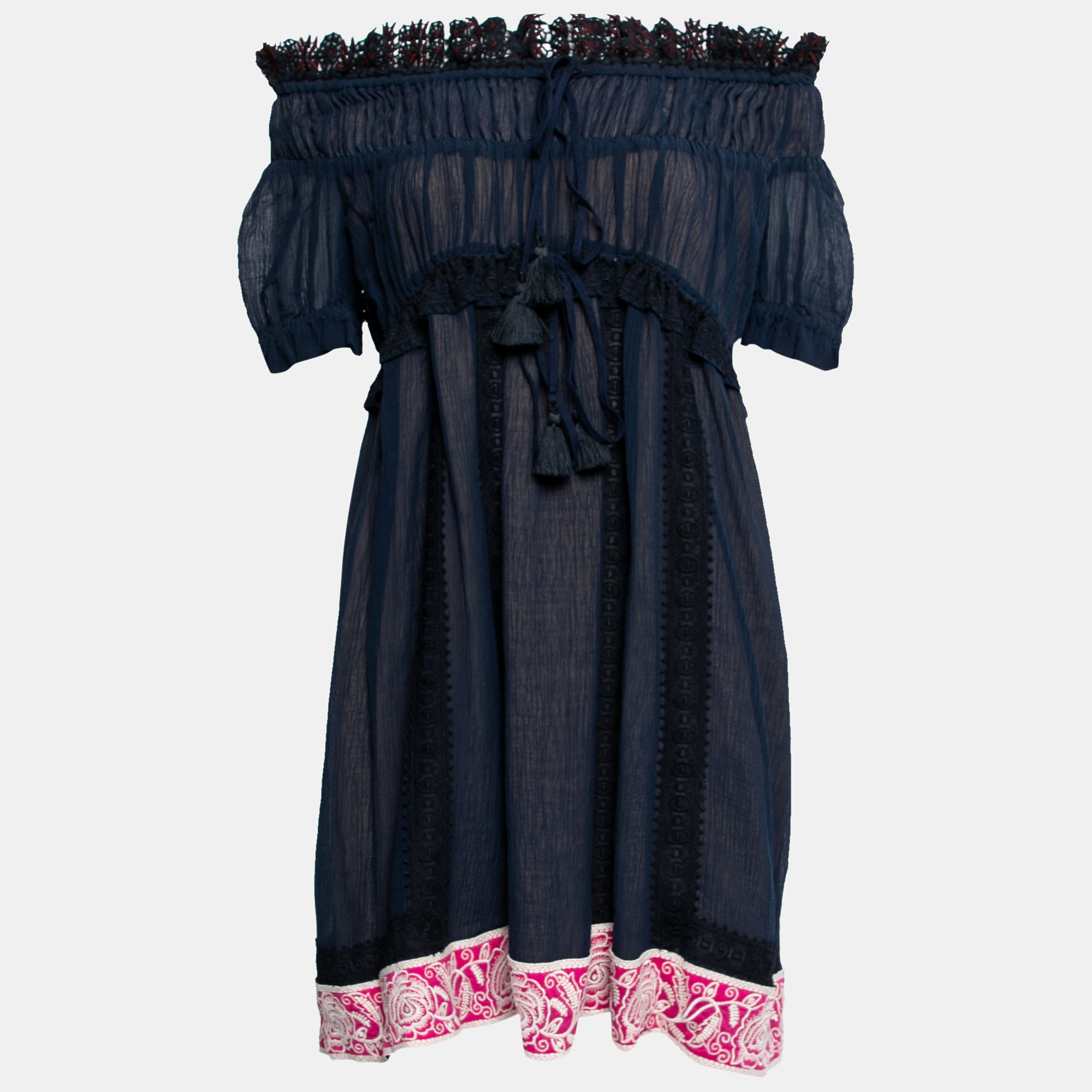 

Chloe Navy Blue Embroidered Ruffle Crinkled Chiffon Off Shoulder Dress