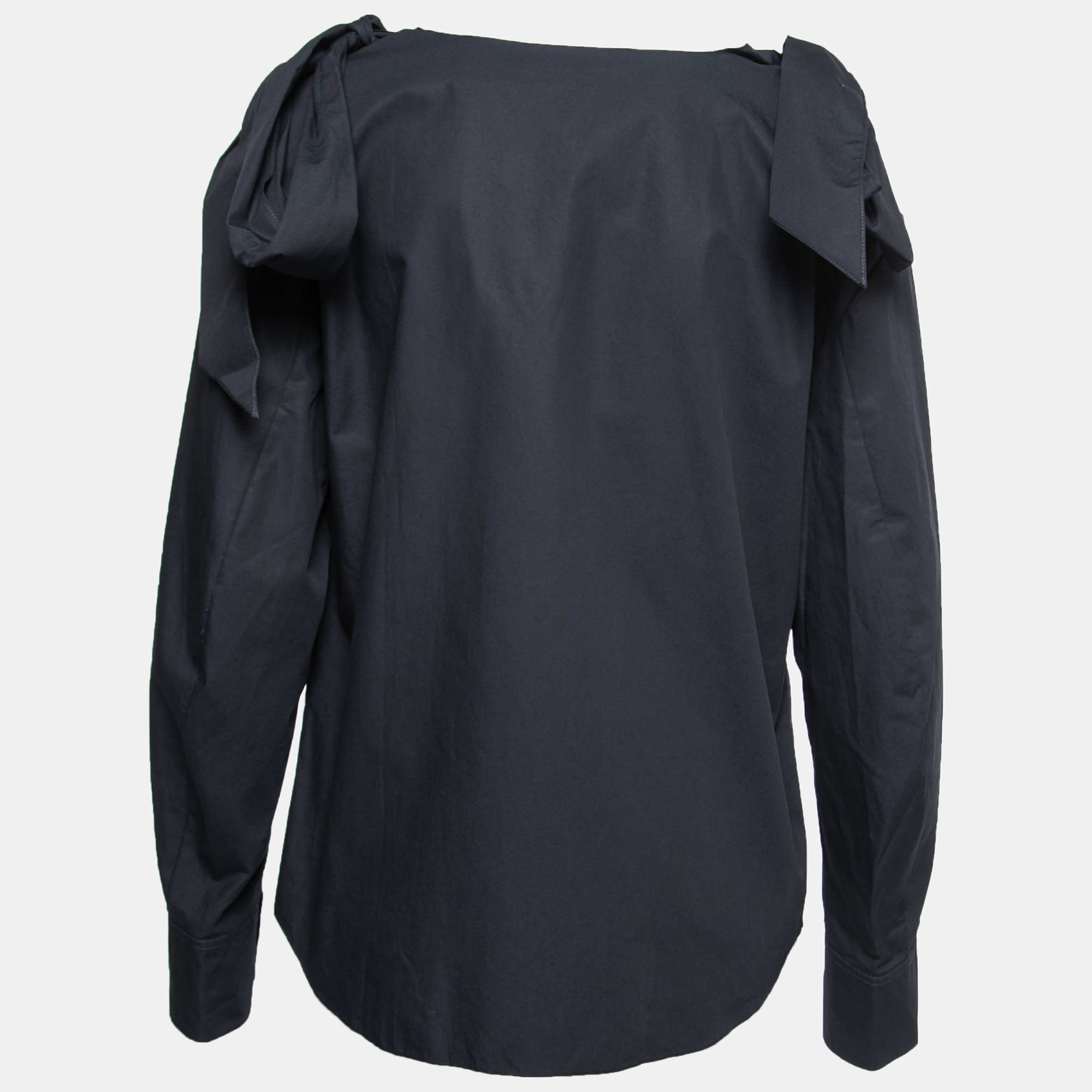 

Chloe Dark Blue Cotton Shoulder Bow Detail Top