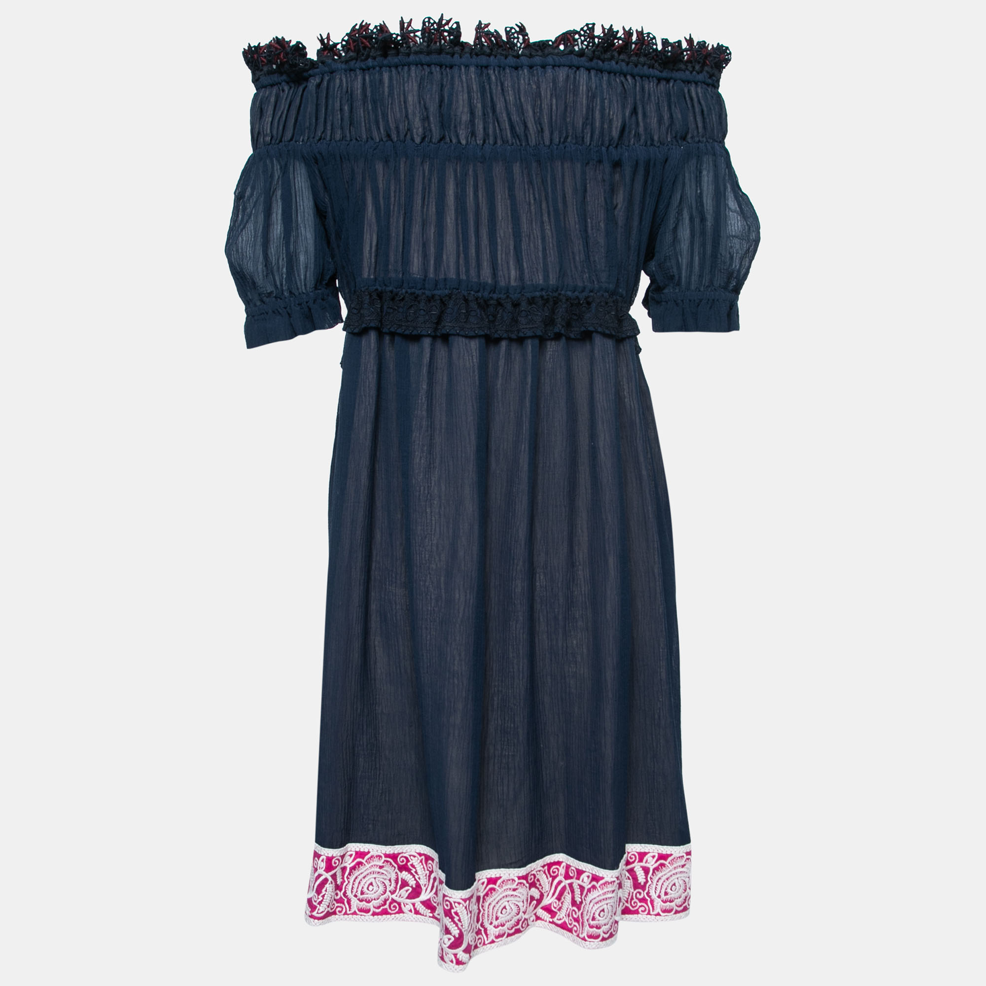 

Chloe Navy Blue Crinkled Embroidered Off Shoulder Dress