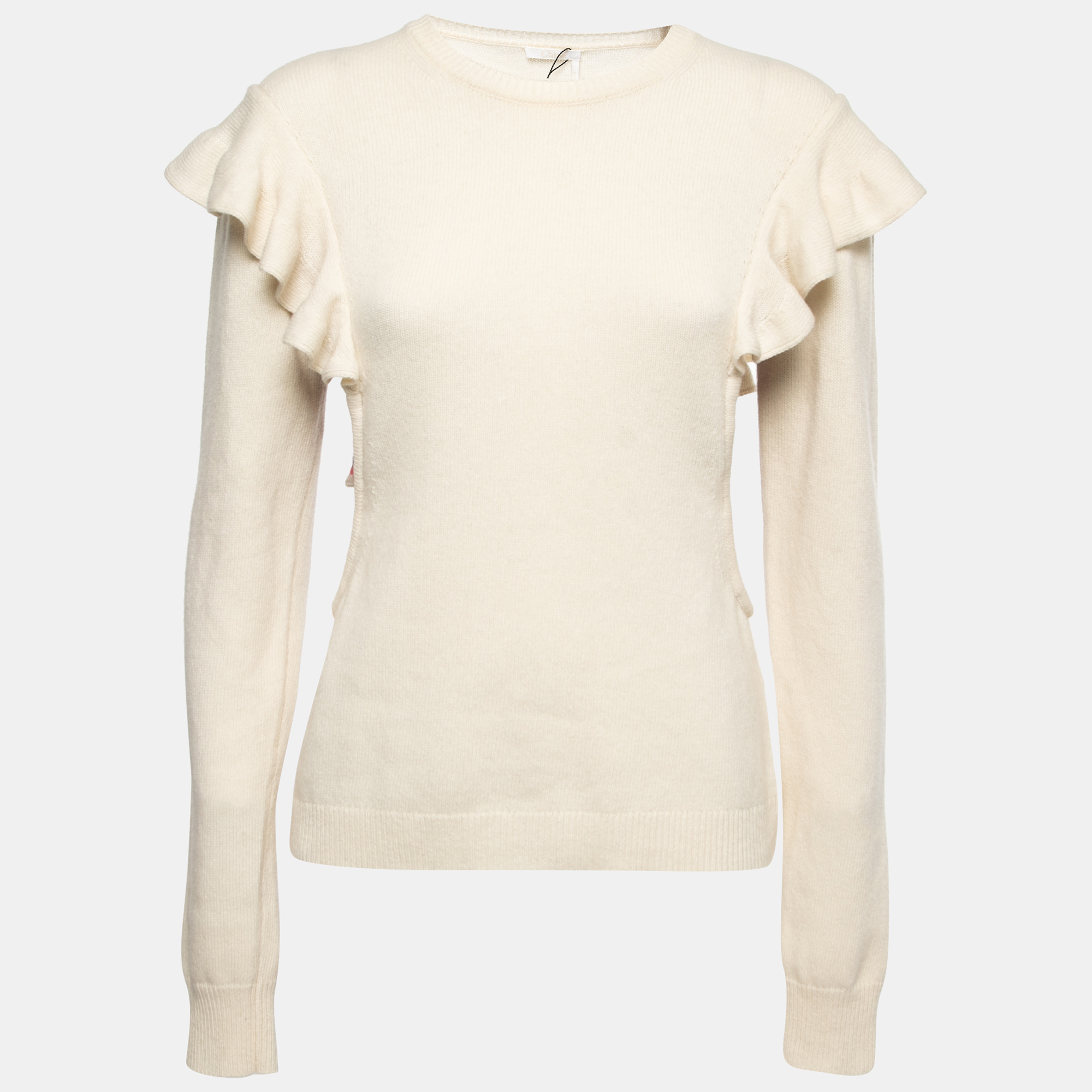 Pre-owned Chloé Cream Cashmere Cutout Detail Ruffled Sweater M