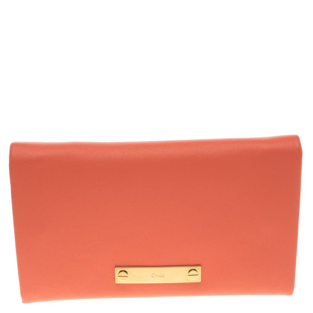 Pre Owned Chloe Orange Leather Long Fold Over Flap Wallet