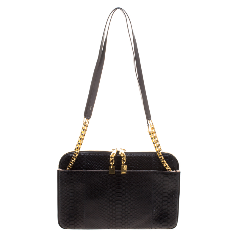 Pre Owned Chloe Black Python Lucy Shoulder Bag
