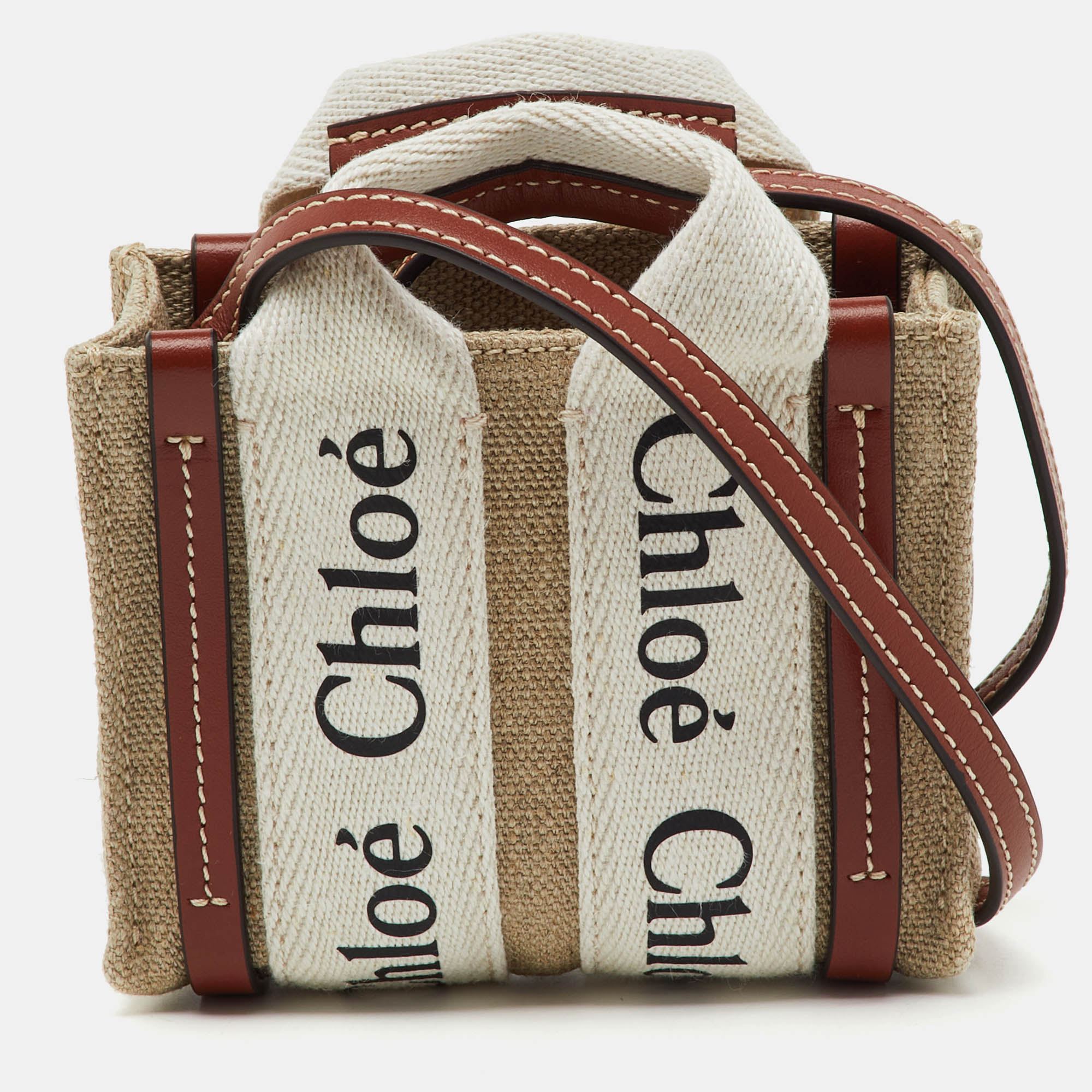 Pre-owned Chloé Beige/brown Canvas And Leather Nano Woody Tote In Sand