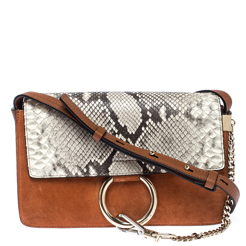 Pre Owned Chloe Brown/Beige Suede, Leather and Python Small Faye Shoulder Bag