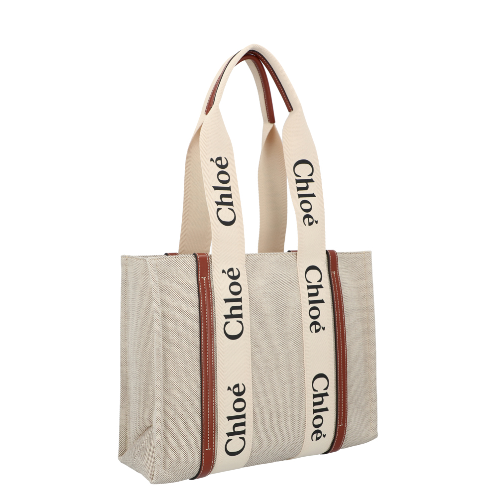 

Chloe Brown/Grey Cotton Canvas Calfskin Medium Woody Ribbon Tote Bag