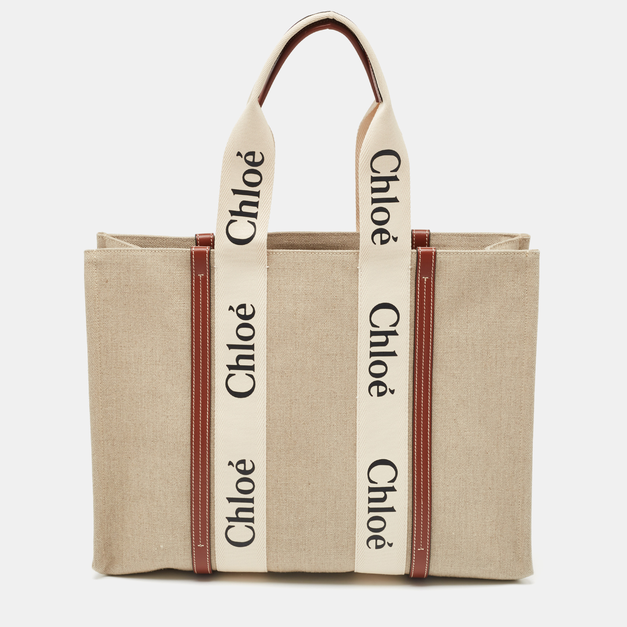Pre Owned Chloe Beige/Brown Canvas and Leather Large Woody Tote